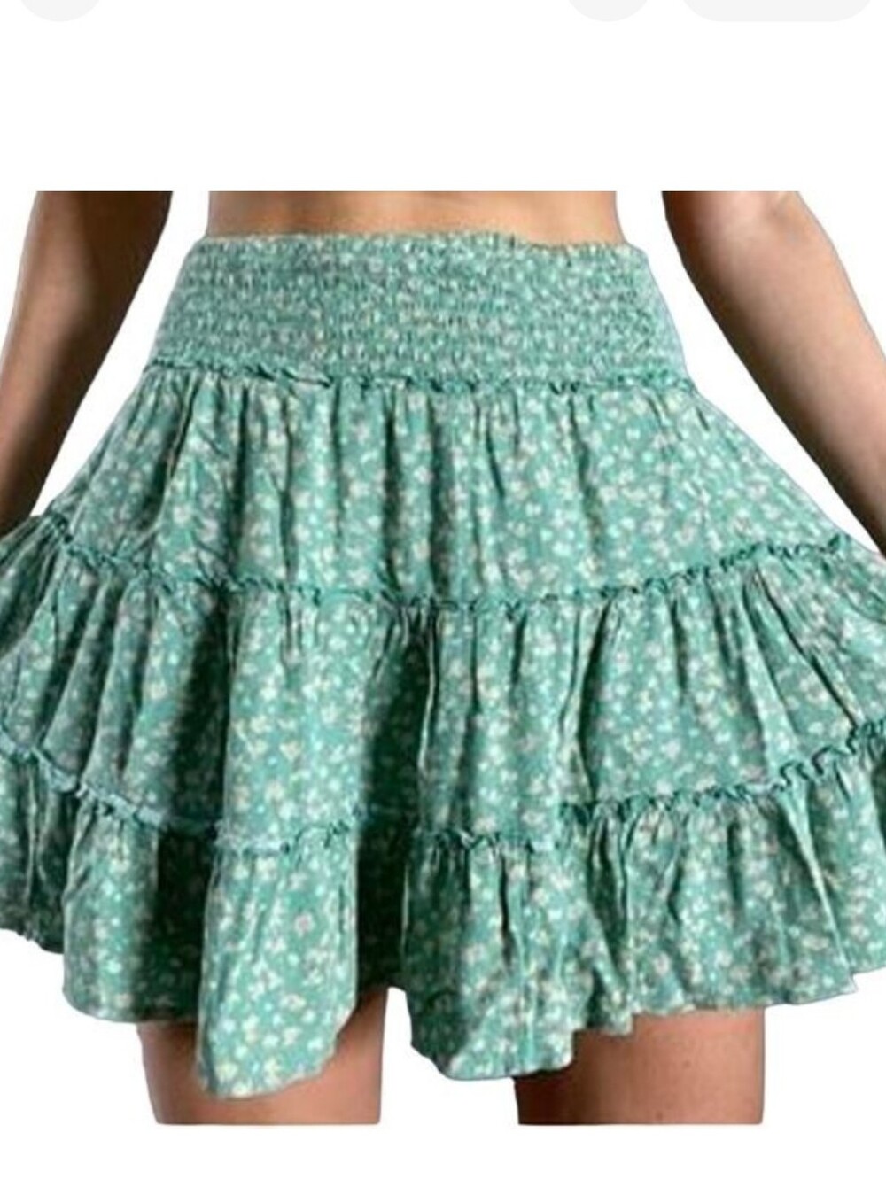 American Eagle Smocked Waist Tiered Mini Skirt - Mint Floral sz L